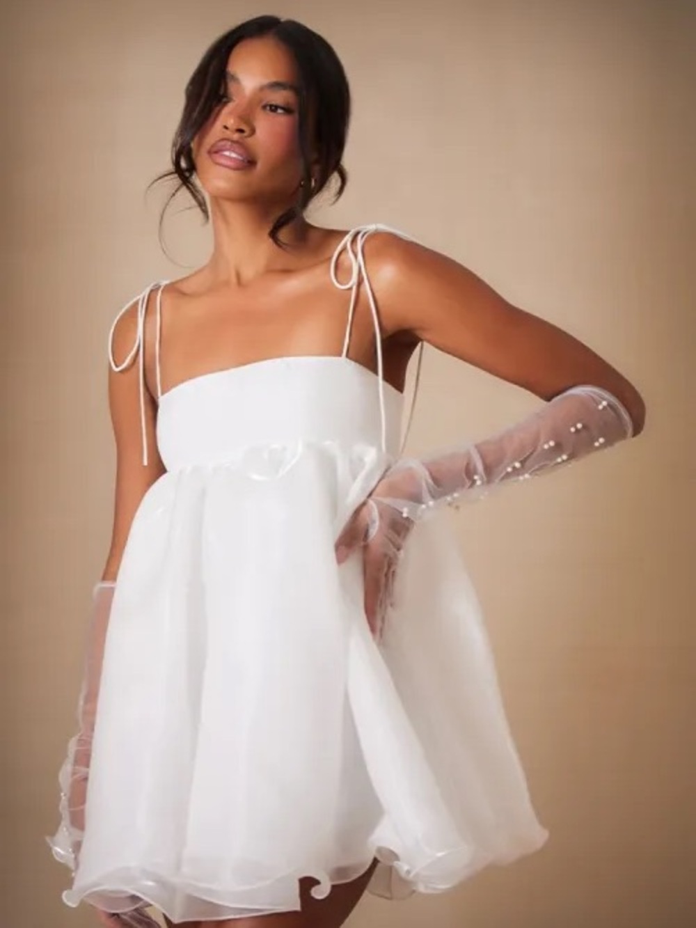 PrettyLittleThing White Organza Tie-Strap Babydoll Mini Dress